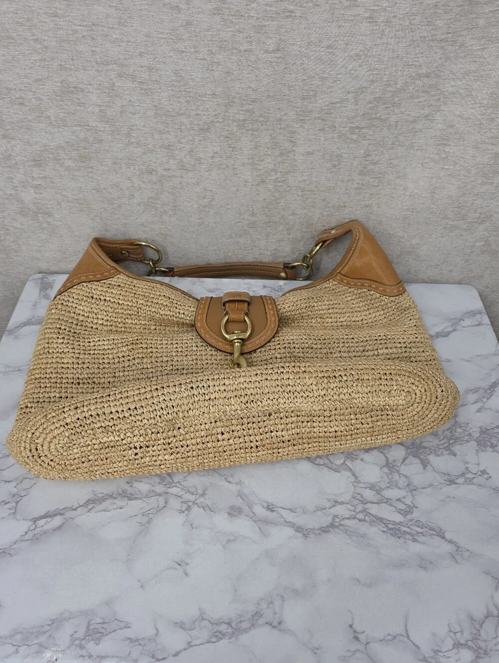Coach Bleecker Millie Straw Raffia Leather Hobo Bag Summer Coastal Preppy
